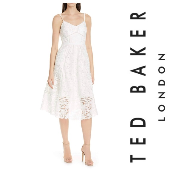 NWT TED BAKER LONDON VALENS LACE MIDI WHITE DRESS